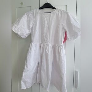 English Factory White Mini Dress with Puff Shoulders and Key Hole Back, XS